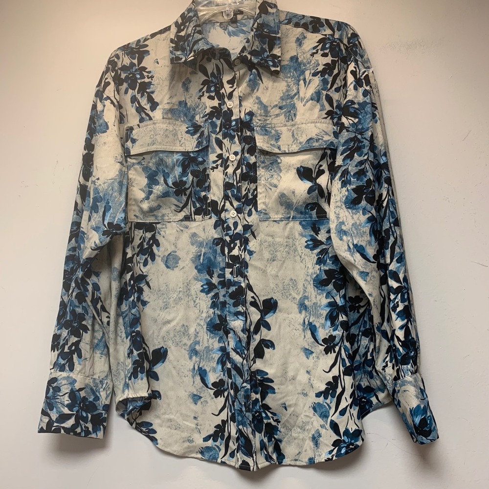 Express Boyfriend Portofino Shirt Womens Small Blue White Floral Button Up 13178